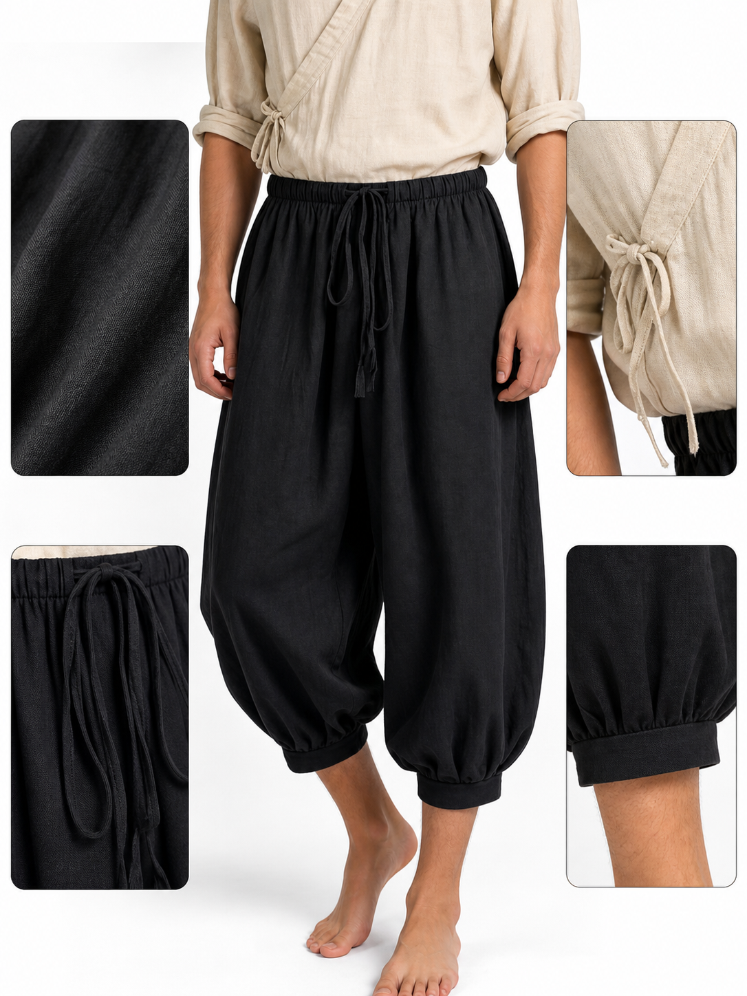 Black cropped drawstring harem pants product view 18