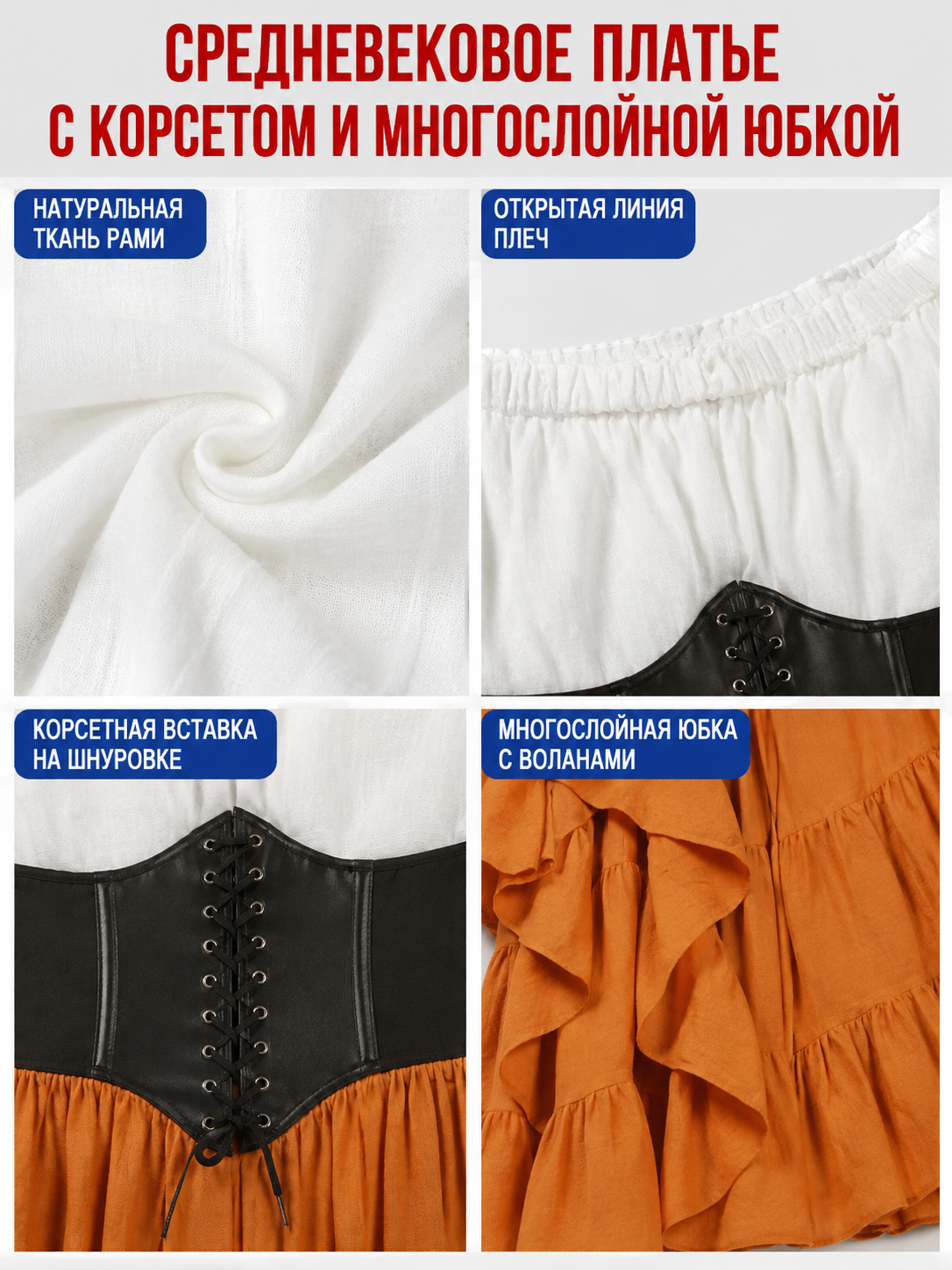 Medieval Dress with Corset Panel and Ruffles detail view