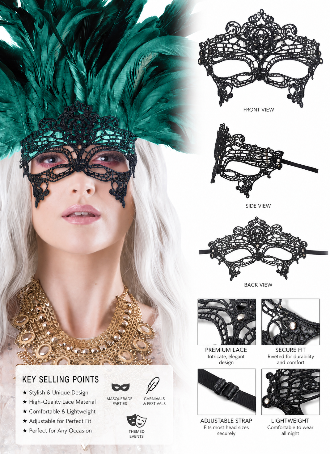 1pc Green Feather Headpiece With Black Lace Eye Mask, Exaggerated Party Style detail view