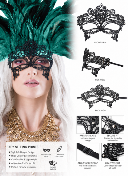 1pc Green Feather Headpiece With Black Lace Eye Mask, Exaggerated Party Style detail view