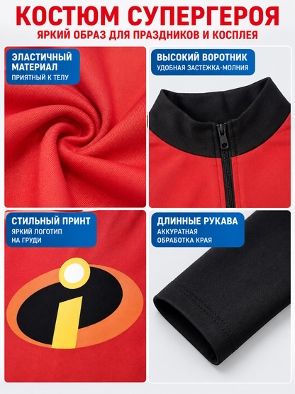 Red and Black Superhero Costume with Yellow Belt and Mask
