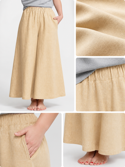 Apricot Wide Leg Pants, Elastic Waist Long Trousers with Two Side Pockets detail view