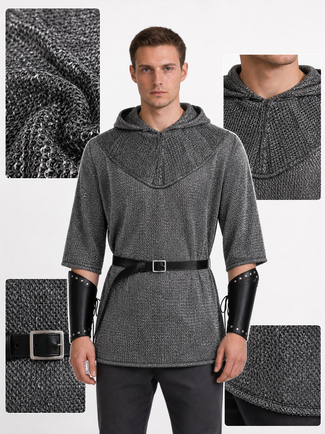 Medieval Warrior Cosplay Costume Set, 6-Piece Hooded Top, Pants, Boots, Arm Guards, Leg Guards And Sword For Role Play Performance