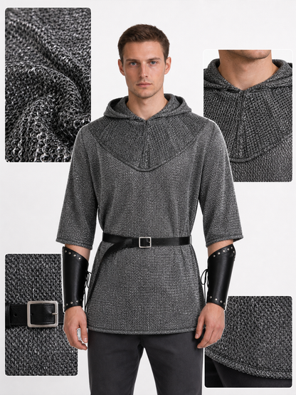 Medieval Warrior Cosplay Costume Set, 6-Piece Hooded Top, Pants, Boots, Arm Guards, Leg Guards And Sword For Role Play Performance