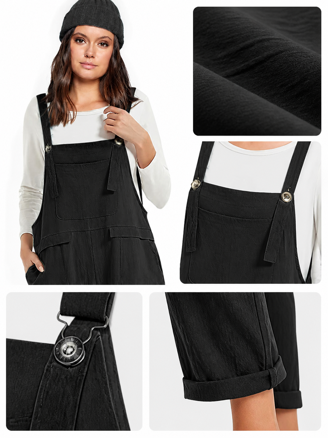 Black Bib Overalls, Loose Fit Long Pants with Chest and Side Pockets, Folded detail view