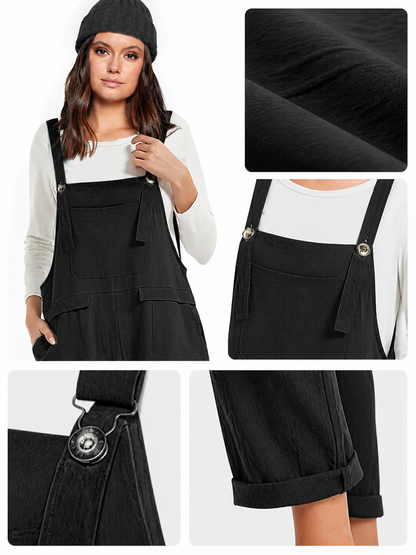Black Bib Overalls, Loose Fit Long Pants with Chest and Side Pockets, Folded detail view
