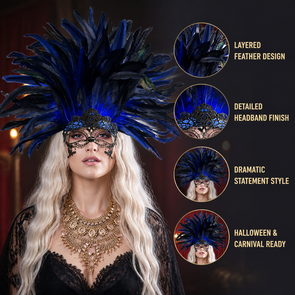 Carnival Headpiece with Blue-and-Black Feathers and Mask detail view 5