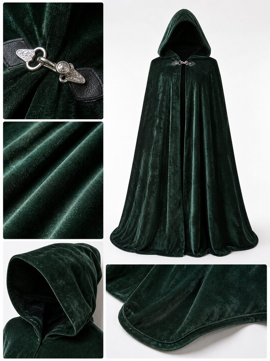 Dark green hooded velvet costume cape product view 74