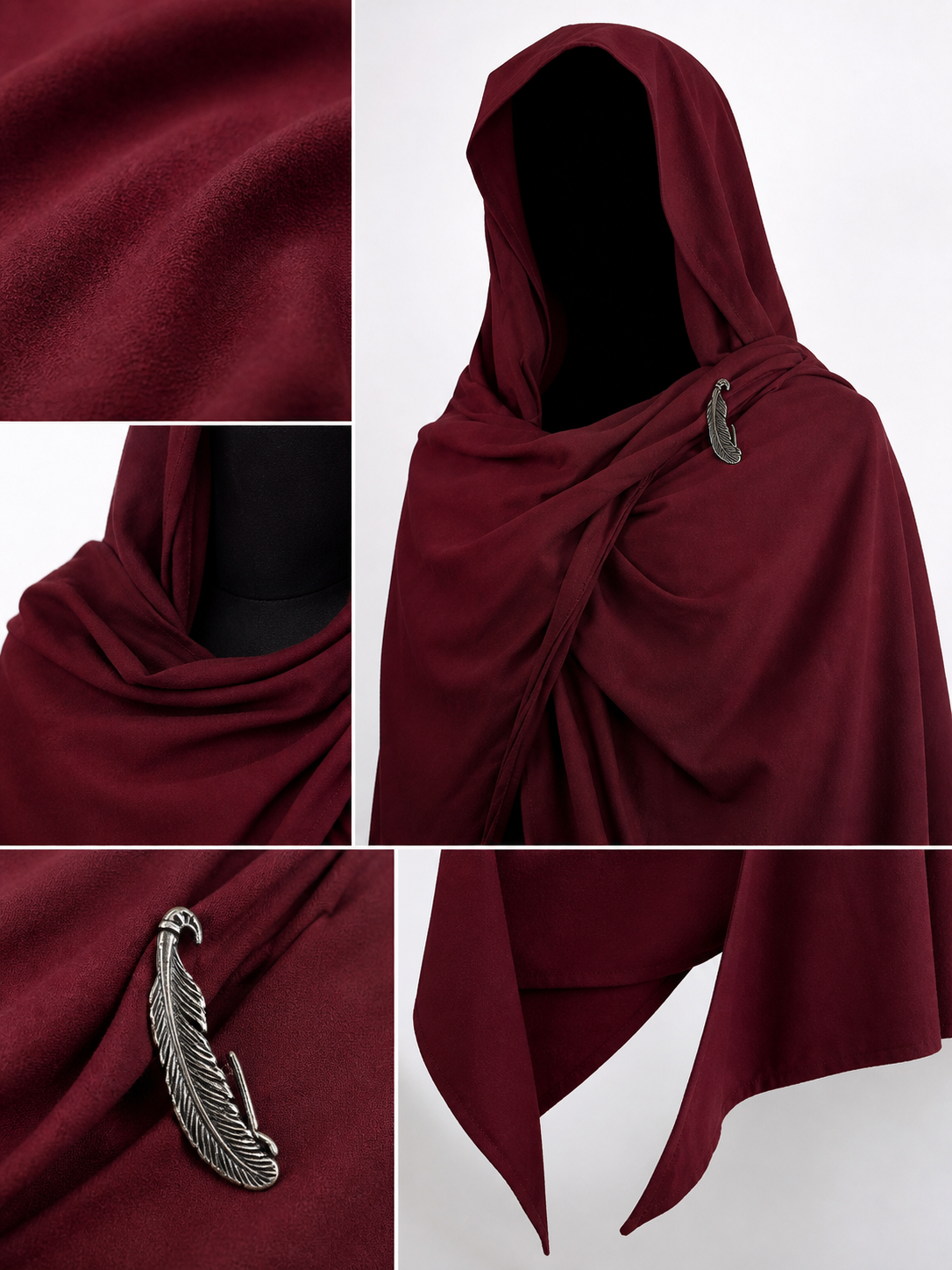 Burgundy hooded costume cloak product view 21
