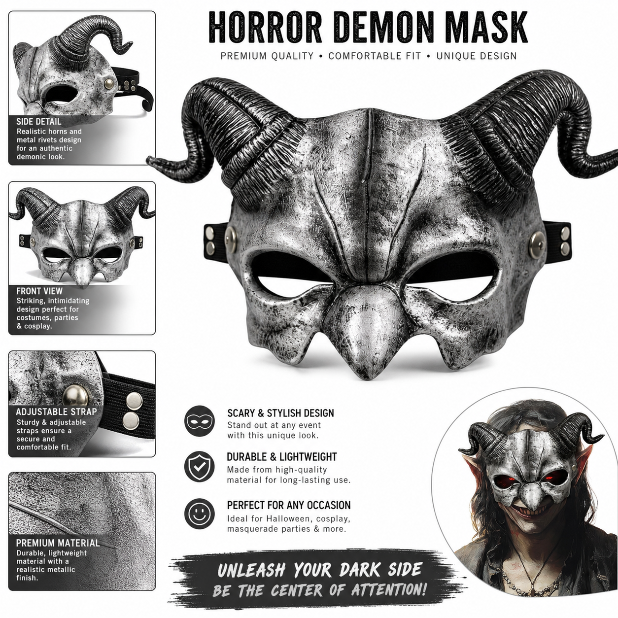 1pc Halloween Devil Half Face Mask with Curled Horns, Red Eye Accents for Cosplay Party
