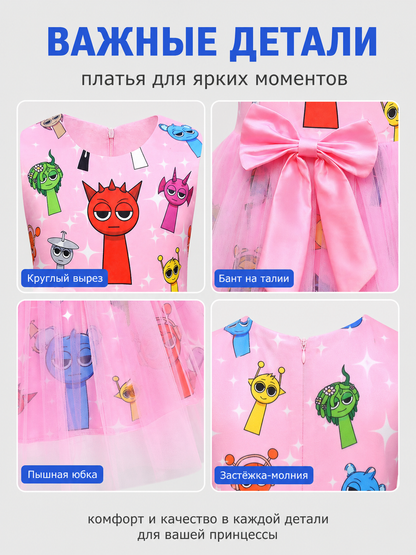 Girls' Puffy Tutu Dress with Cartoon Print and Pink Bow detail view