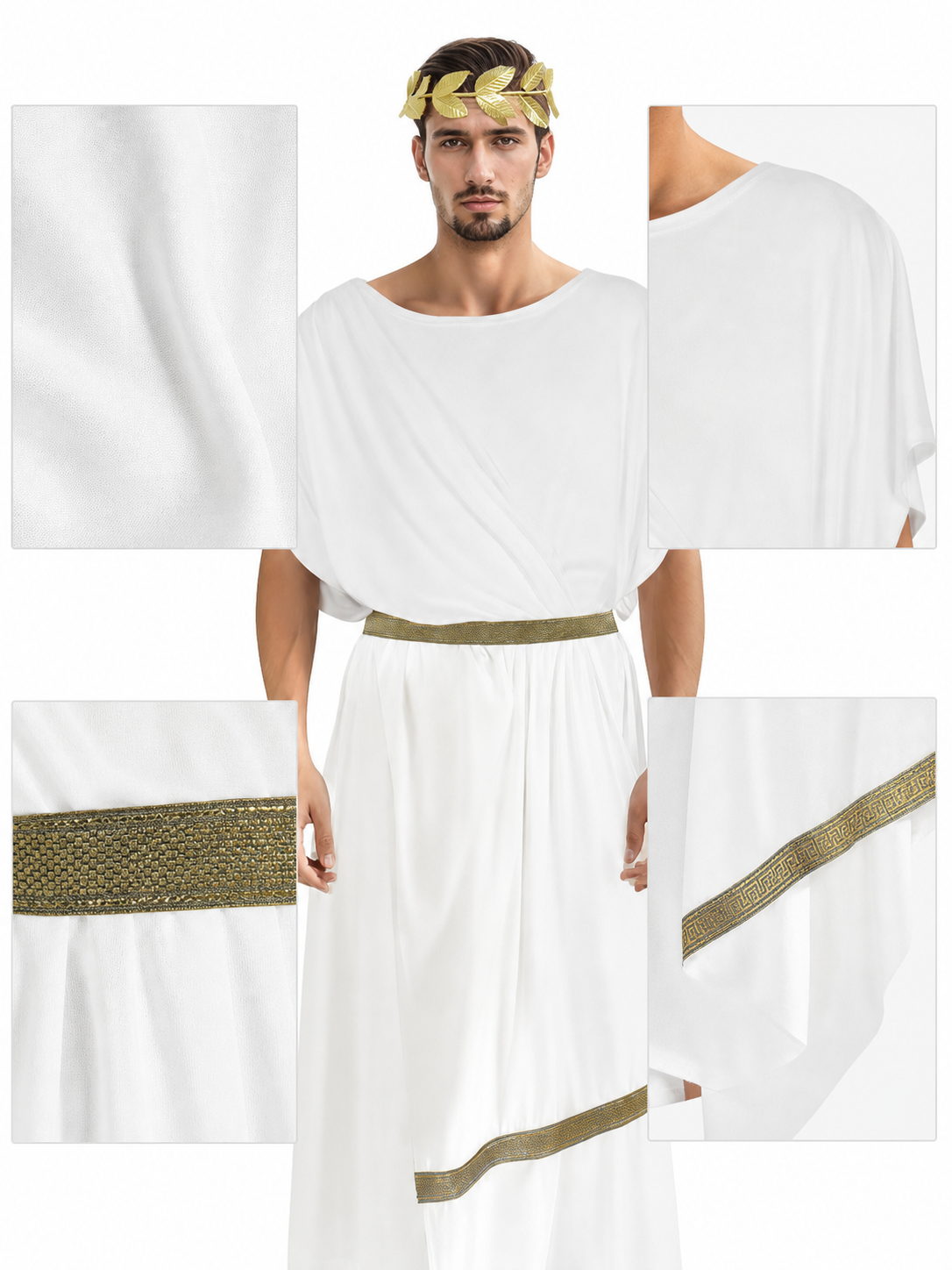 Adult Men's Ancient Greek Costume Set, 3pcs Draped Robe With Gold Trim, Waist Belt And Laurel Wreath For Cosplay Theme Parties
