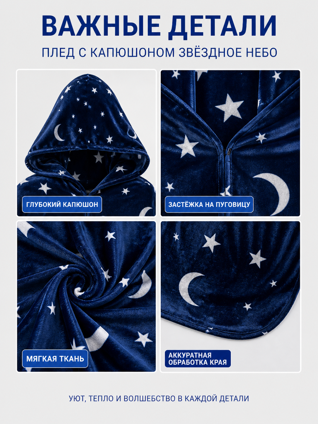 Long Hooded Halloween Cape with Stars and Moons detail view