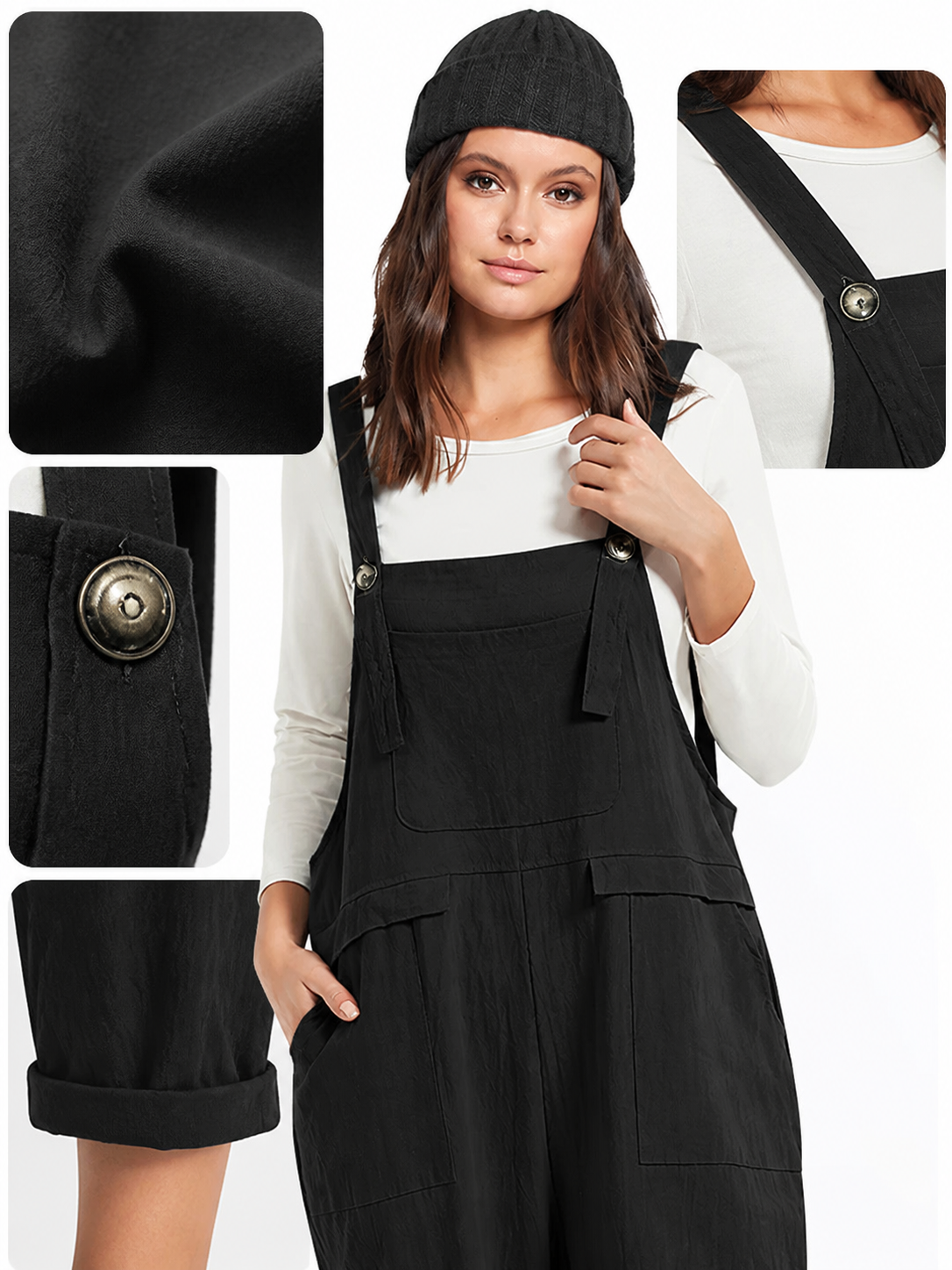 Black Bib Overalls, Loose Fit Long Pants with Chest and Side Pockets, Folded detail view 2