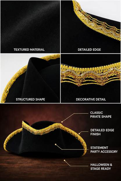Children's black pirate tricorn hat with decorative gold trim for costume play and themed events