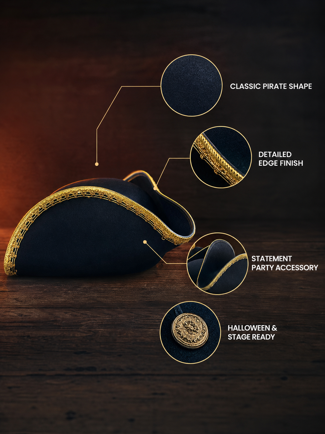 Classic Pirate Tricorn Hat, Black Three-Cornered Costume Hat with Gold Braided Trim and Decorative Gold Edging for Cosplay, Costume Parties and Themed Events