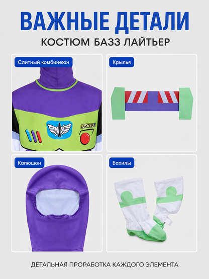 Buzz Lightyear Costume, Jumpsuit with Wings and Hood detail view