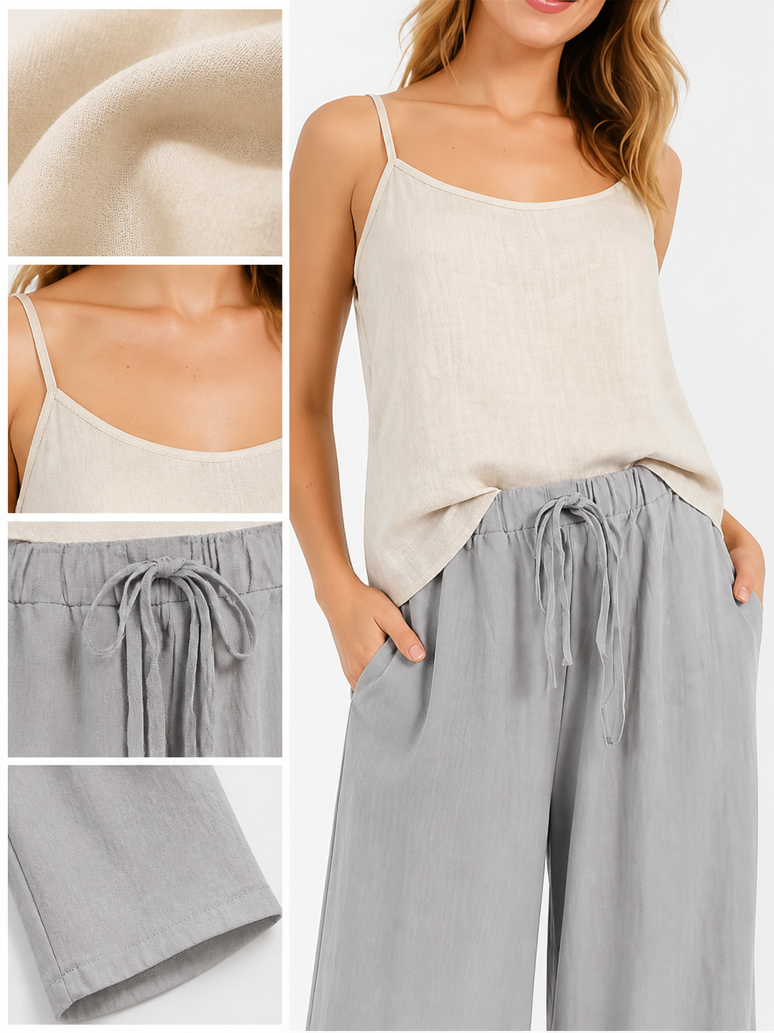 Gray wide-leg jeans with a drawstring and elastic waistband detail view