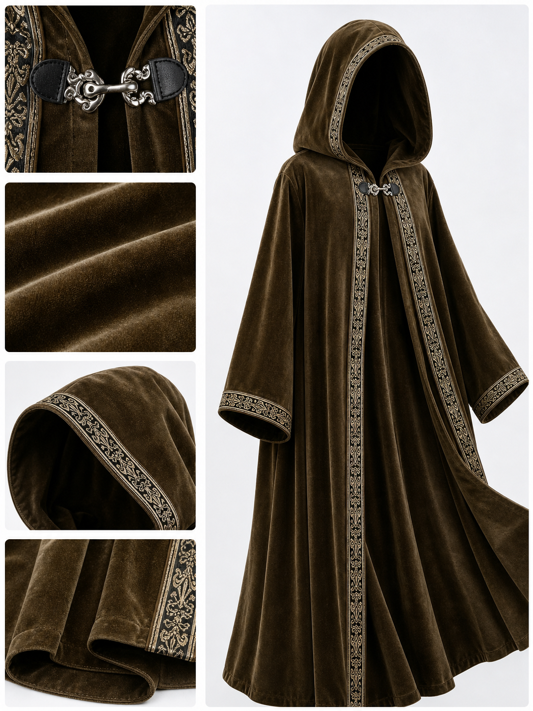 Long Hooded Robe, Brown, Loose Fit detail view