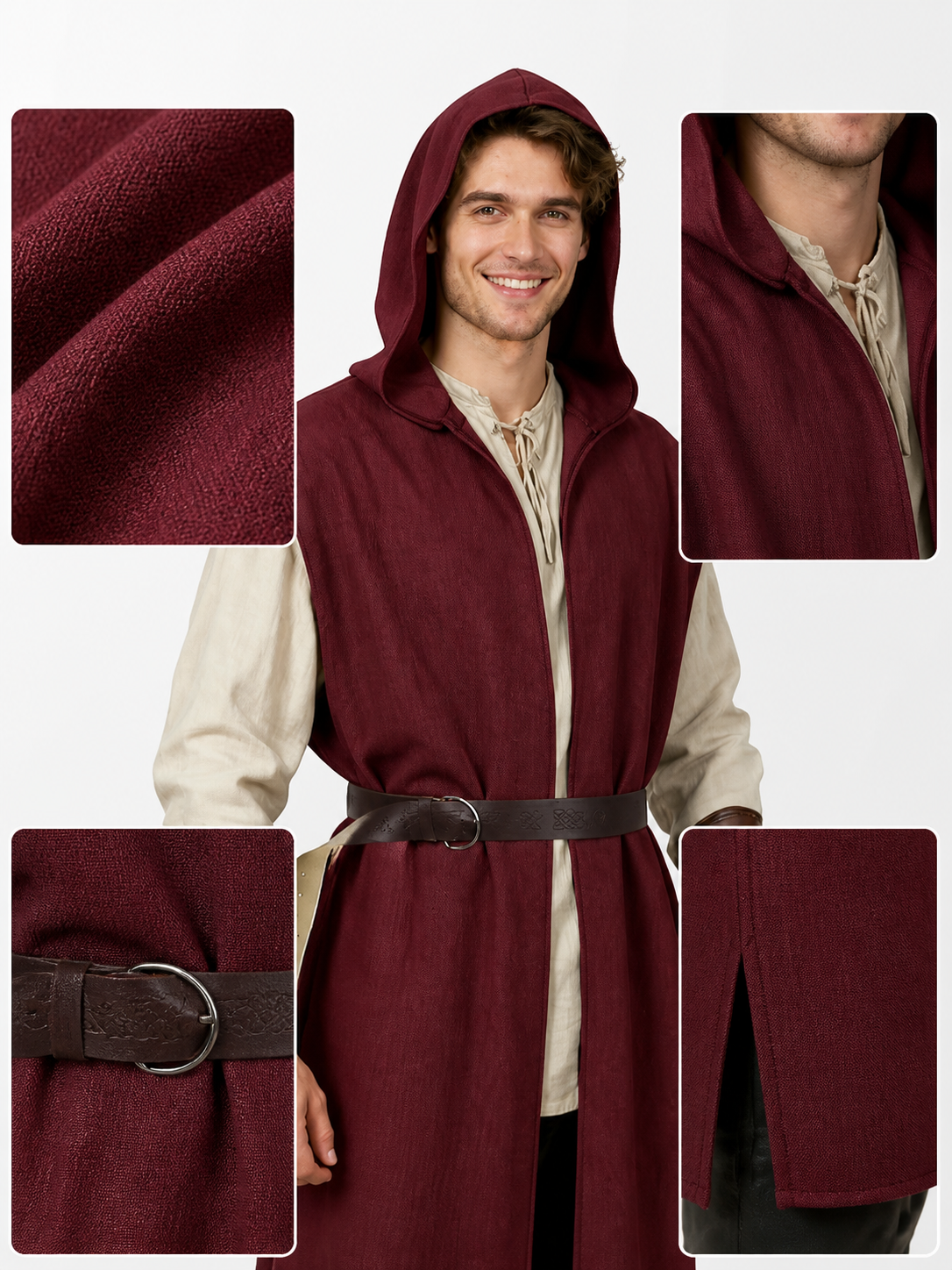Adult Medieval Fantasy Hooded Cape, Wine Red Sleeveless Long Split-Hem Cloak detail view