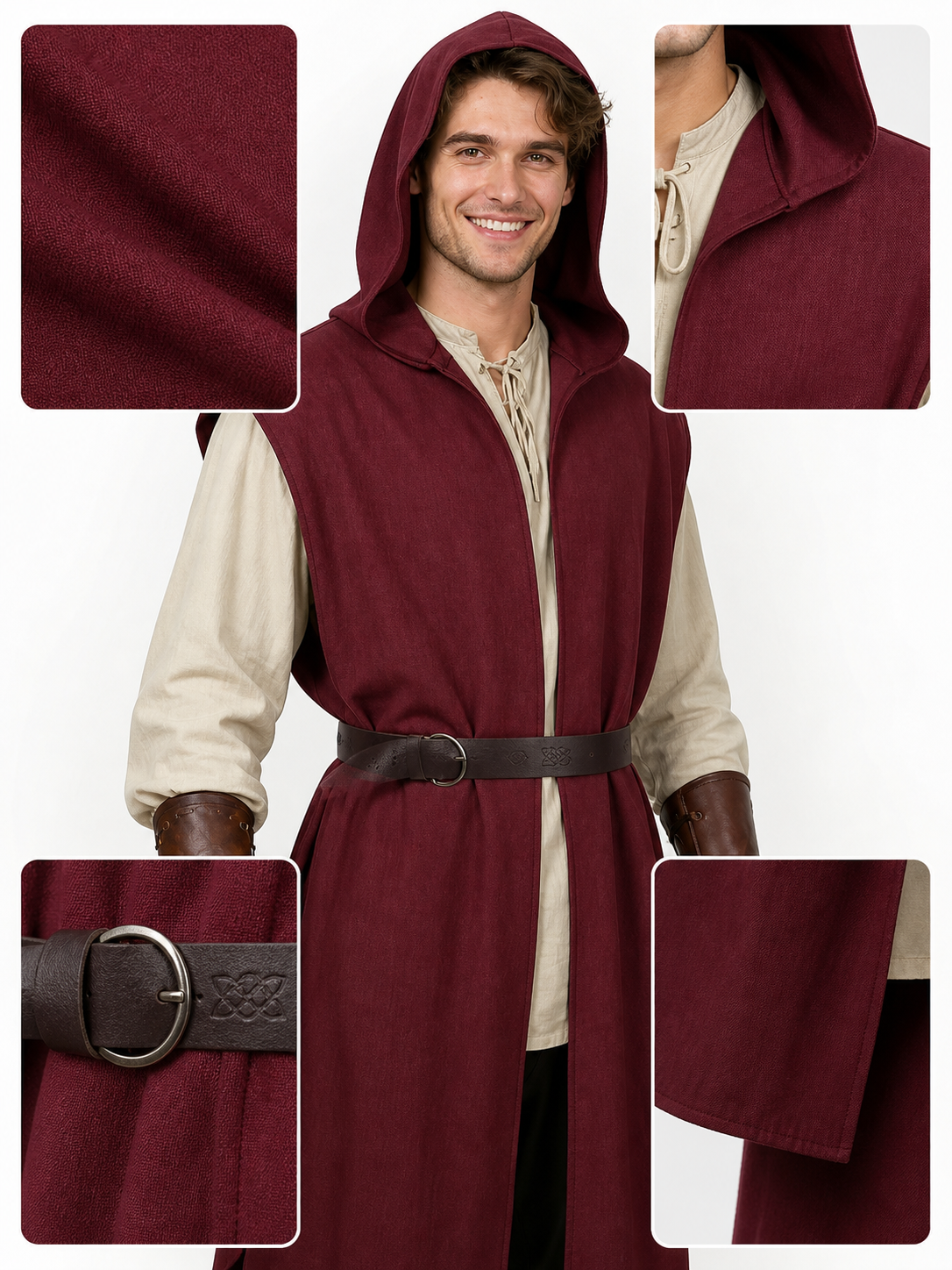 Medieval Fantasy Cosplay Costume Sleeveless Hooded Burgundy Robe Vest, Long Open Front Outer Garment for Role Play Stage Performance