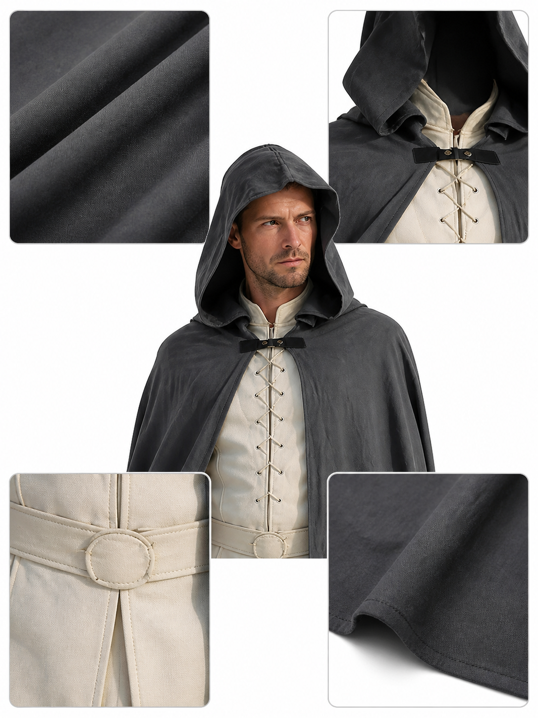 Adult Fantasy Hooded Cape, Long Dark Gray Cloak With Front Tie Closure, Wide detail view