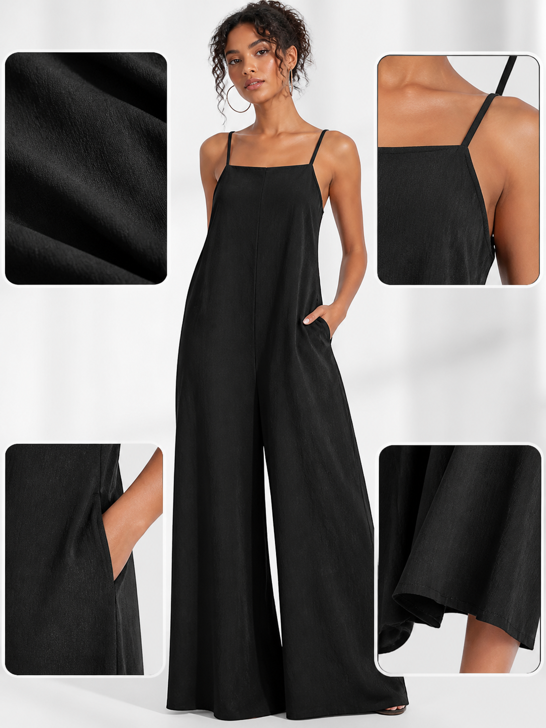 Information card showing the black jumpsuit with close-ups of its fabric texture, shoulder strap, side pocket and wide-leg hem