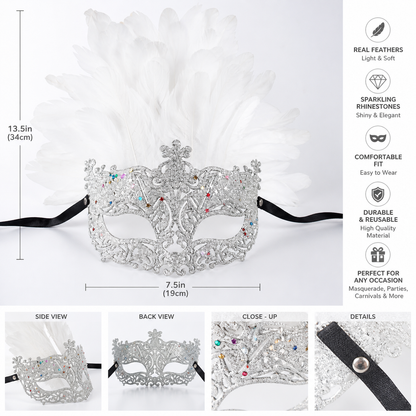 Information card showing mask dimensions, front, side, back, close-up, and fastening details with printed measurements