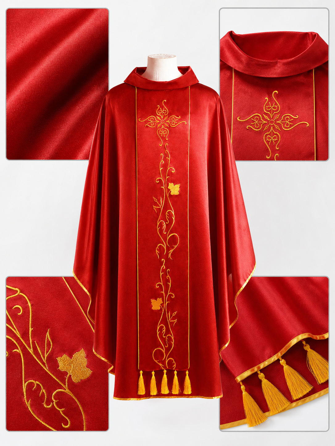 Medieval European Cosplay Vestment, Loose Sleeveless Poncho-Style Robe With Stand Collar, Gold Embroidery, Trim And Fringe For Stage Performance
