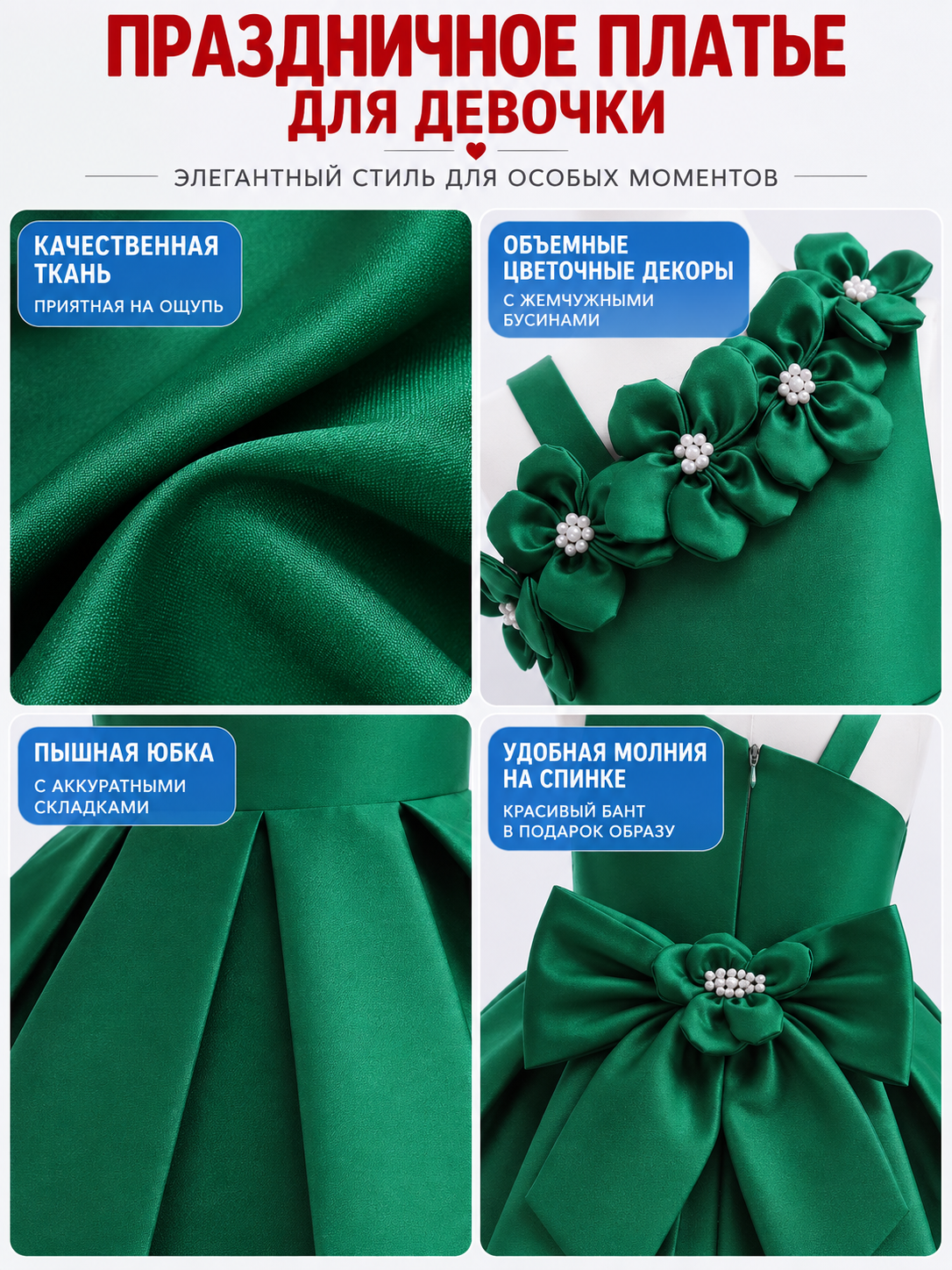 Dark Green Dress with Floral Appliqués detail view