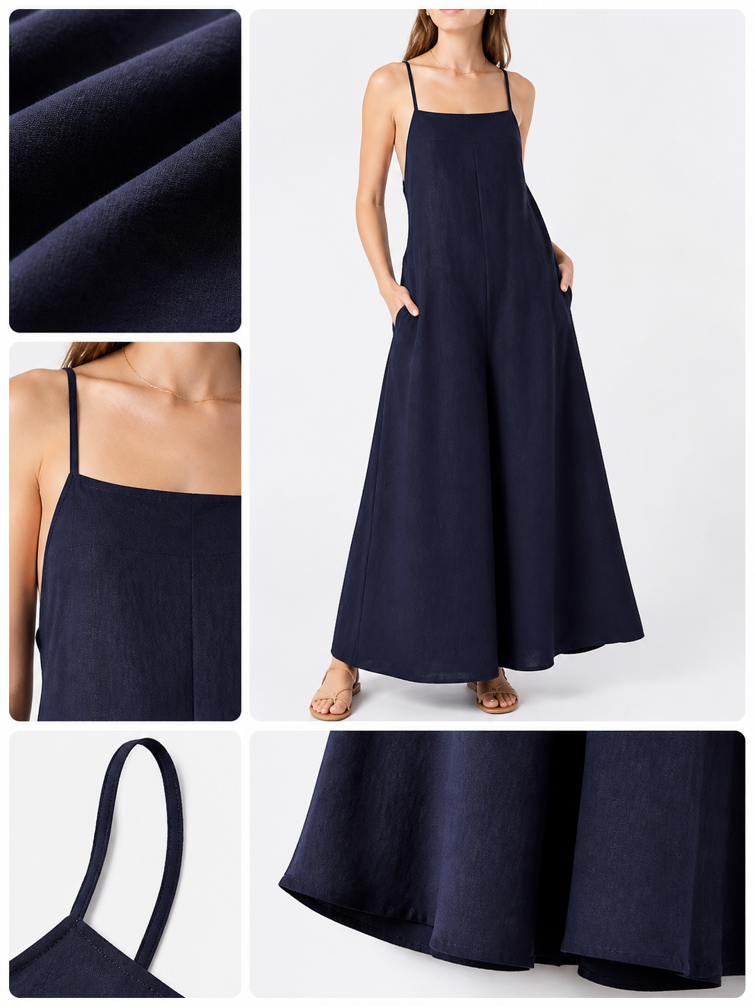 Information card showing navy fabric texture, thin straps, neckline, and hem details alongside the jumpsuit on a model
