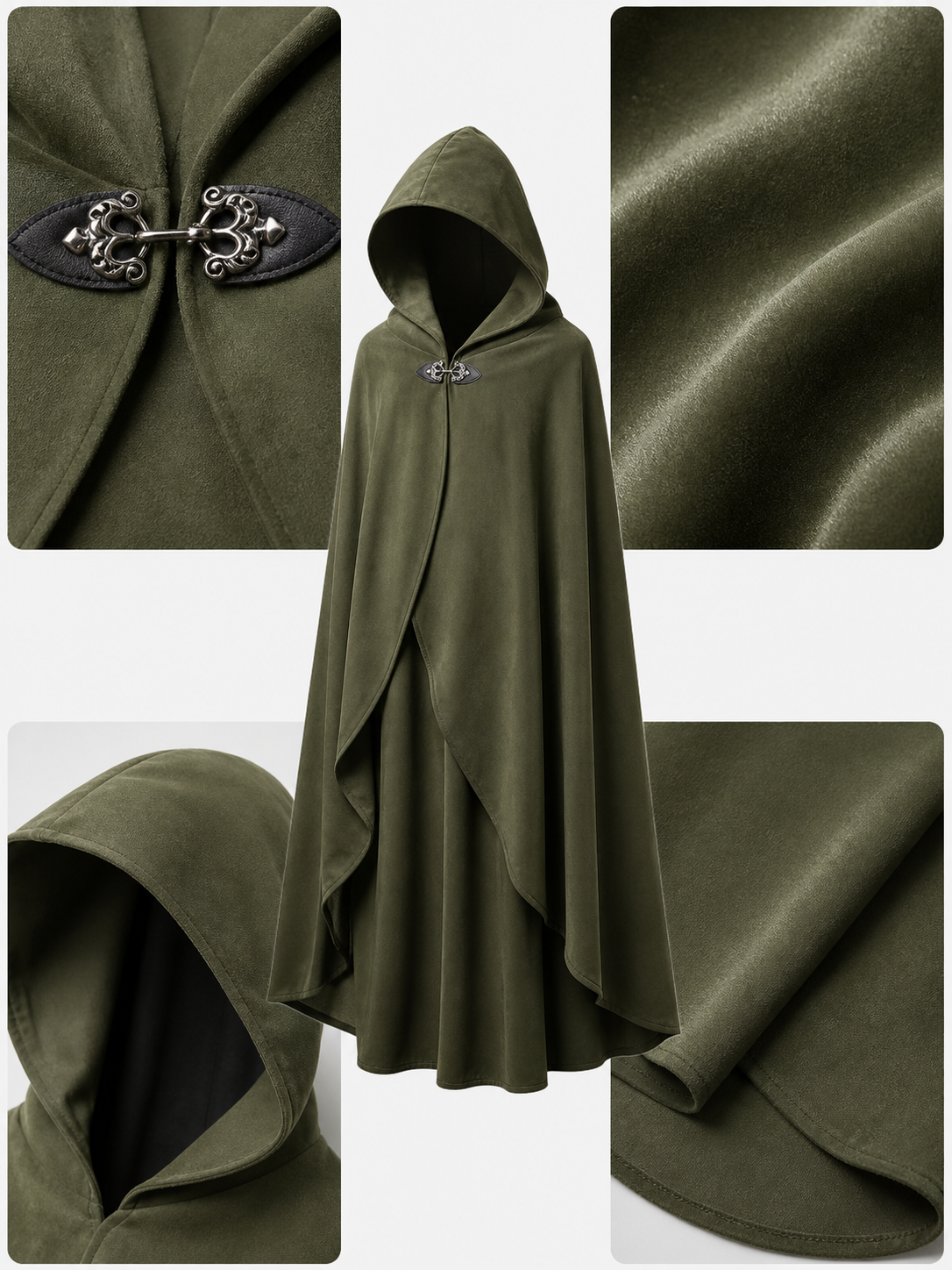 Medieval Hooded Cloak, Olive Green Full-Length Cape with Pointed Hood and Front Tie for Cosplay and Role-Playing