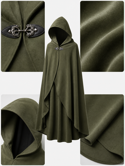 Medieval Hooded Cloak, Olive Green Full-Length Cape with Pointed Hood and Front Tie for Cosplay and Role-Playing