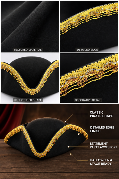 1pc Theatrical Pirate Tricorn Hat, Black Three-Cornered Style with Ornate Gold Trim and Wide Curved Brim for Costume Parties and Themed Events
