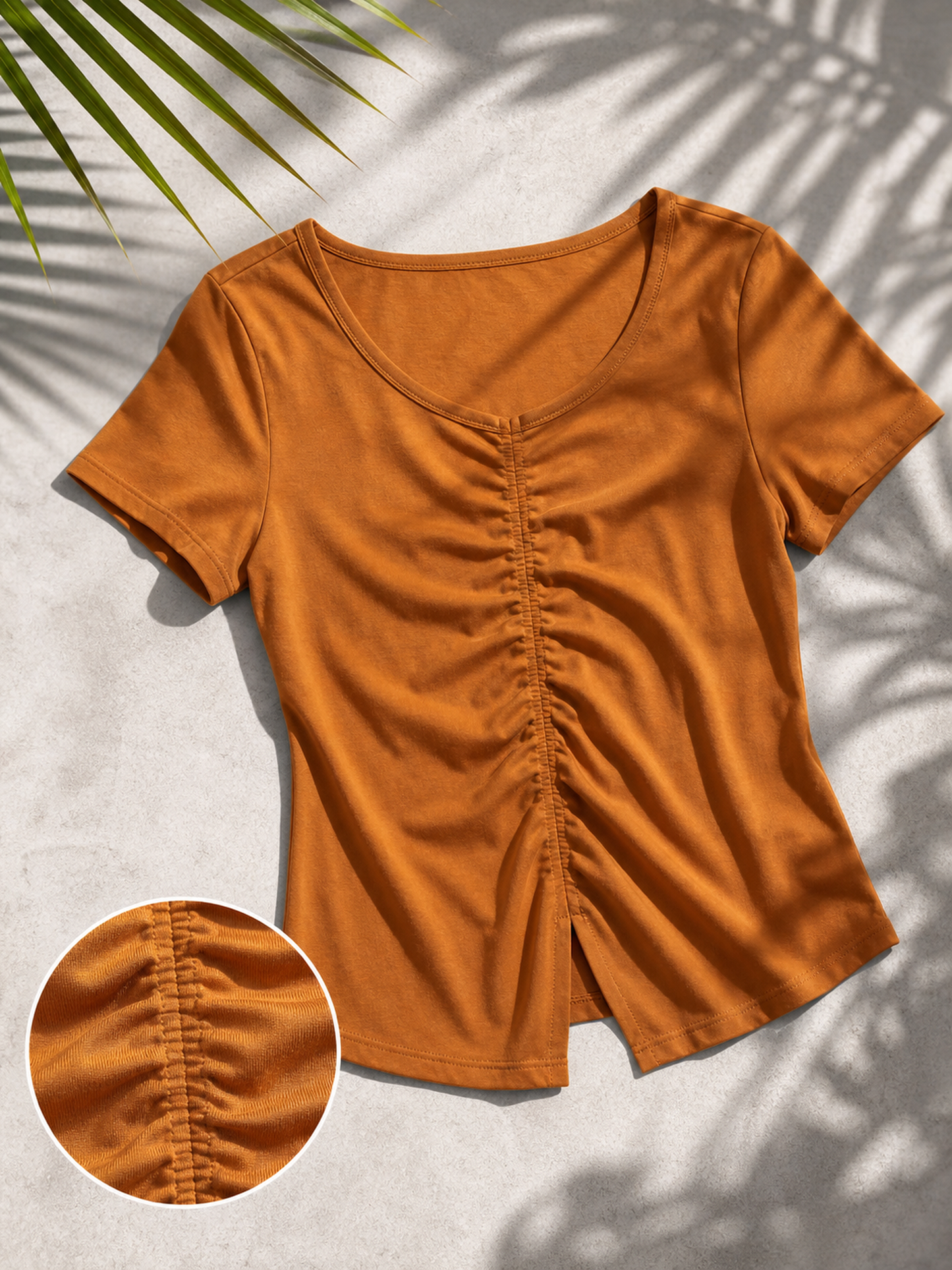Women's V-Neck Ruched Top, Pumpkin Orange