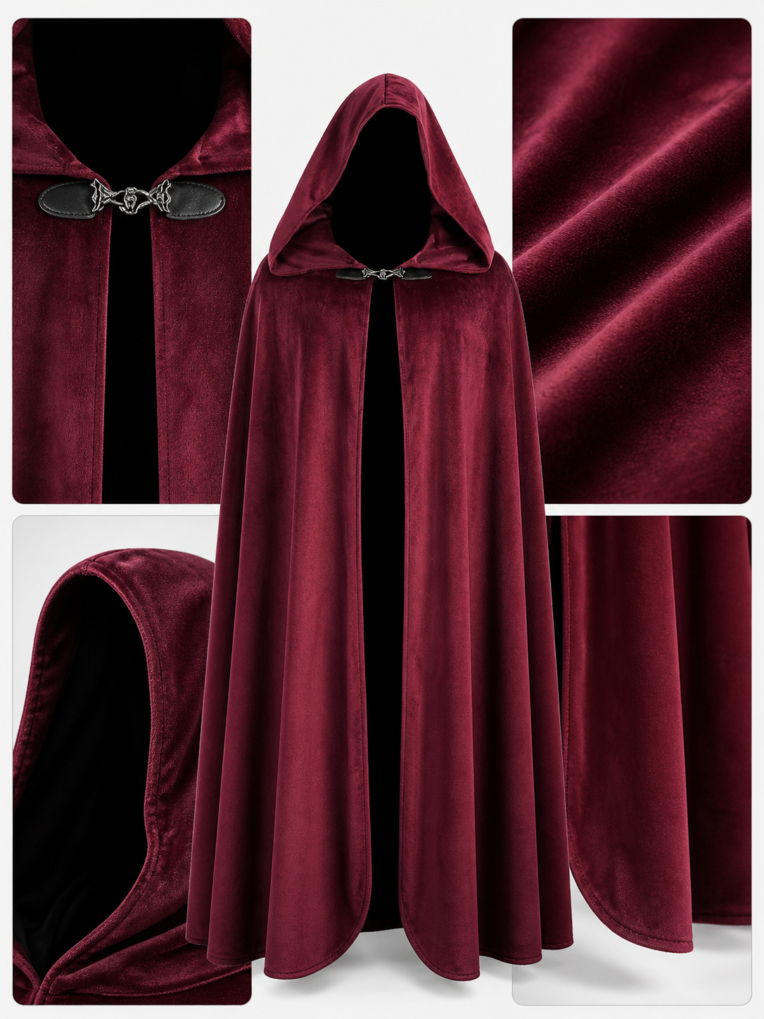 Long burgundy carnival cloak with hood