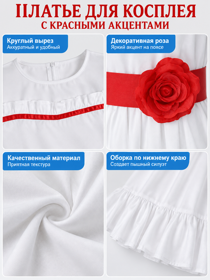 White Cosplay Dress with Red Rose detail view