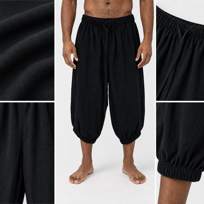 Black Cotton-Linen Cropped Pants, Loose Baggy Relaxed Fit, Elastic Waistband, Cuffed Hem, Casual Everyday Wear