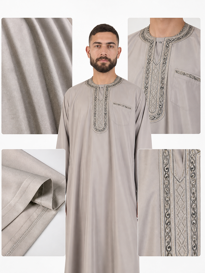 Modest Traditional Long Embroidered Robe, Loose Full-Length Design, Long Sleeves, Collarless Round Neck, Religious and Cultural Wear