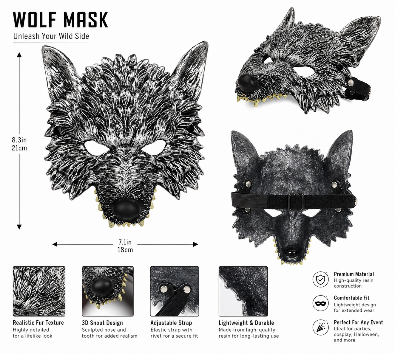 1pc Halloween Wolf Mask, Realistic Full-Face Silver & Black Werewolf Design for Cosplay Party