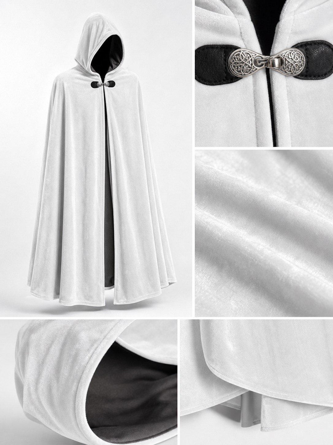 Full-Length White Hooded Cape with Oversized Hood and Black Bow Closure for Fantasy Medieval Cosplay and Stage Performances