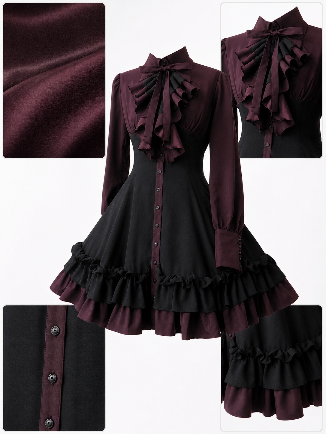Women’s Gothic Renaissance Dress, Medieval Steampunk Style, Black And Burgundy Long Sleeve High Neck Ruffle A-Line Costume Outfit