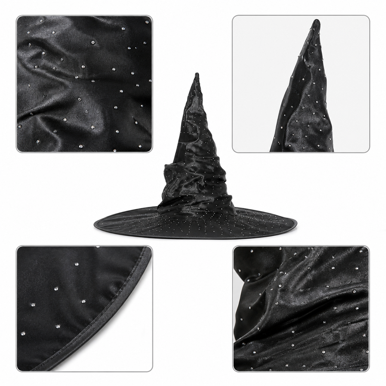Black Halloween Witch Hat Pointed Wide Brim Ruched Crown With Silver-White Dot Embellishments Costume Accessory