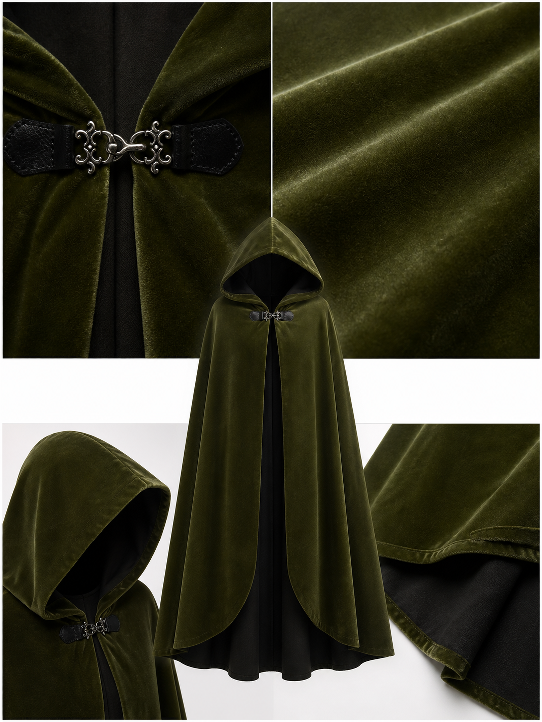Medieval Fantasy Long Hooded Cape with Oversized Hood, Velvety-Look Green Exterior and Black Lining for Cosplay Events