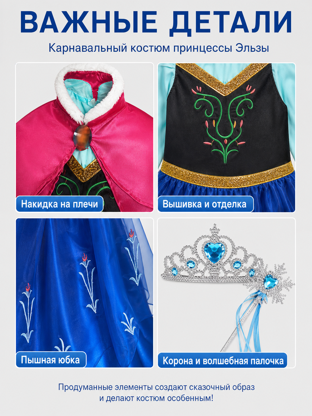 Children’s Princess Costume with Cape, Crown, and Wig detail view