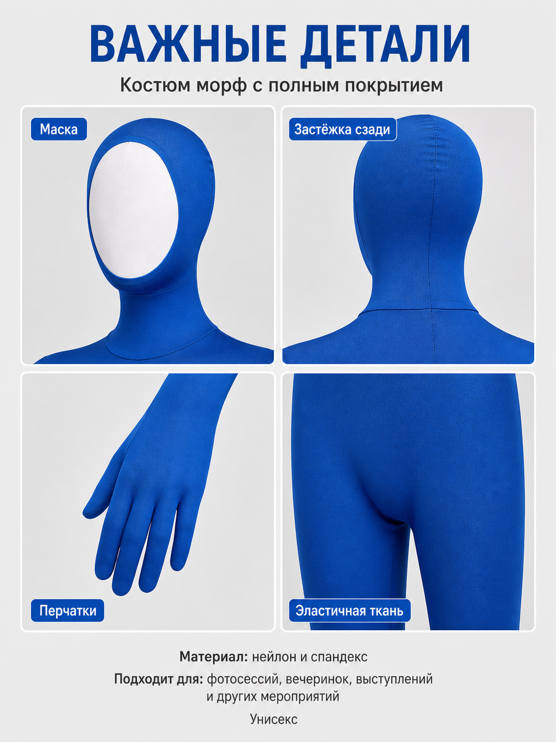 Blue Form-Fitting Halloween Cosplay Jumpsuit detail view