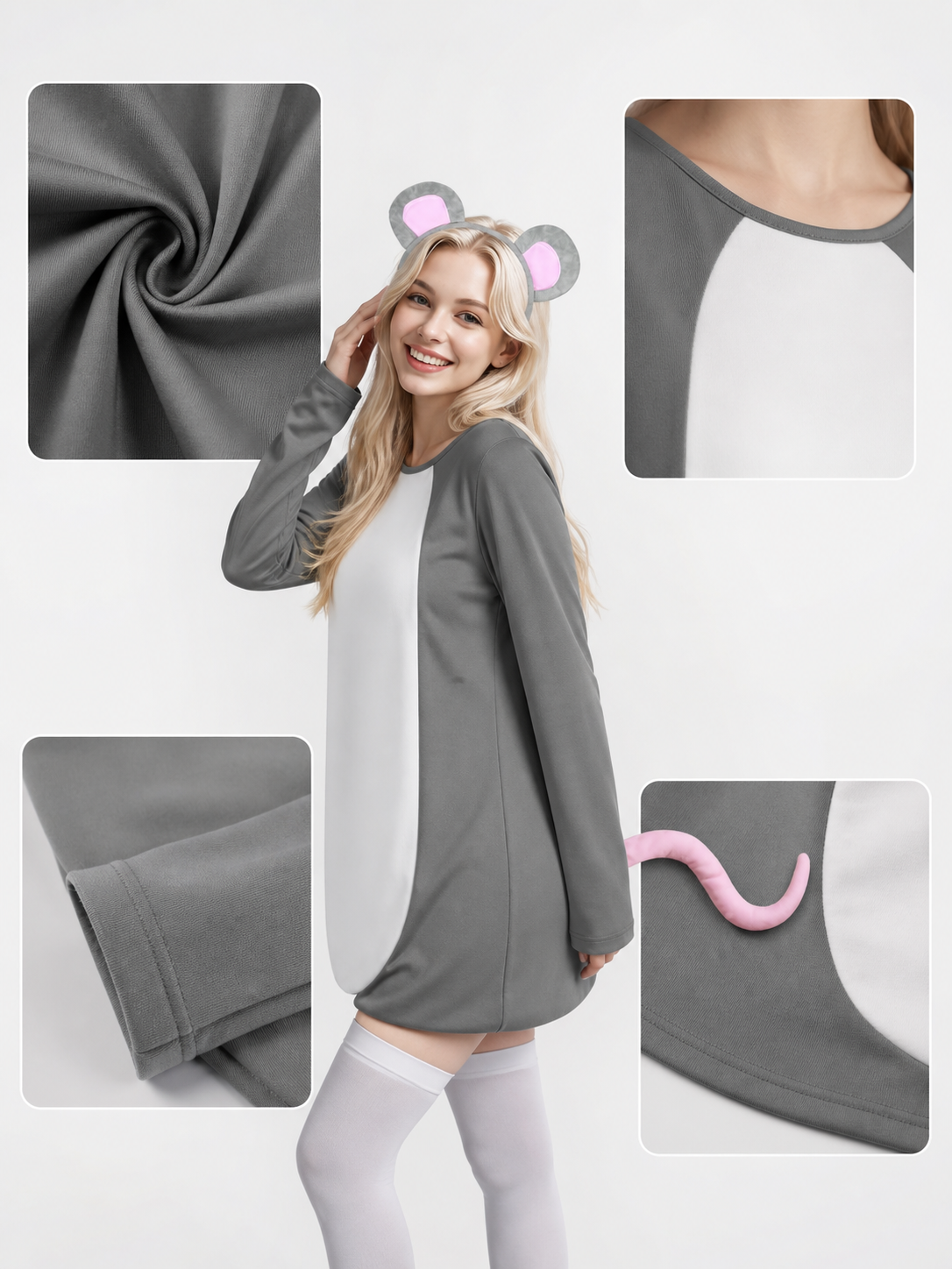Adult Gray Mouse Costume Set with White Belly, Pink Tail and Mouse-Ear Headband for Costume Parties, Cosplay and Themed Events