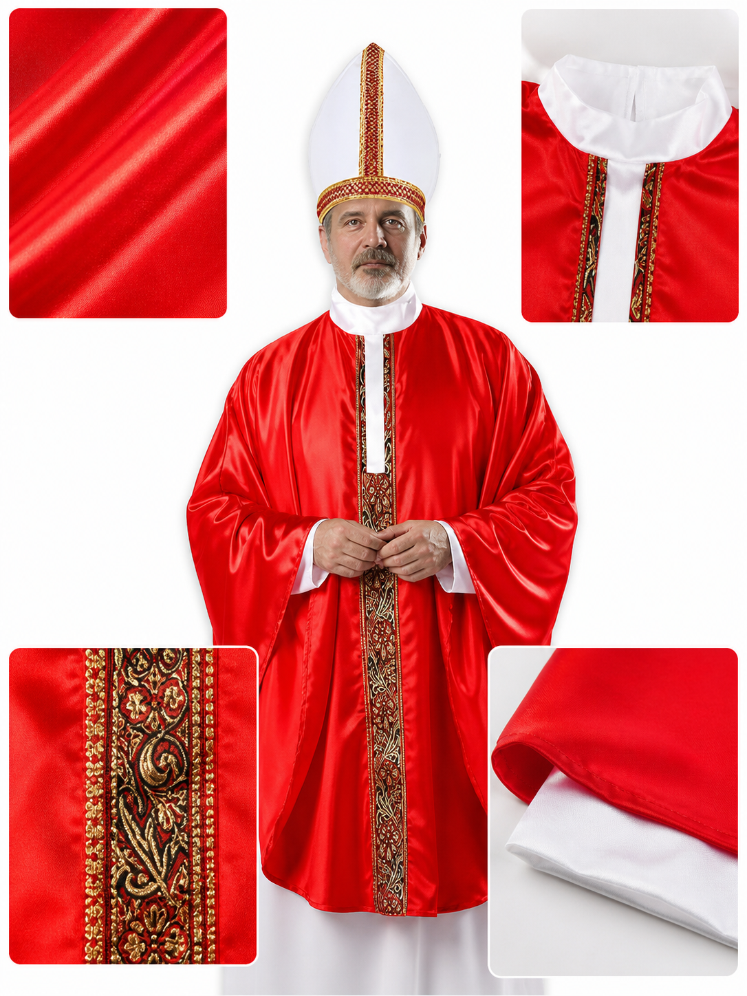 Papal-Style Ceremonial Costume Set With Red Robe, White Undergarment And Pointed Mitre Hat For Stage, Film And Themed Events