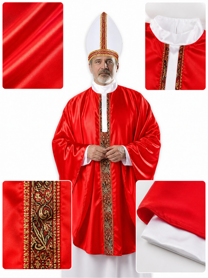 Papal-Style Ceremonial Costume Set With Red Robe, White Undergarment And Pointed Mitre Hat For Stage, Film And Themed Events