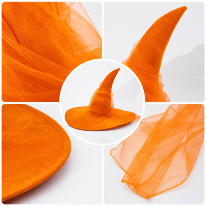 Orange Halloween Witch Hat, Tall Curved Pointed Crown, Wide Floppy Brim, Sheer Mesh Draping, Costume Accessory for Parties